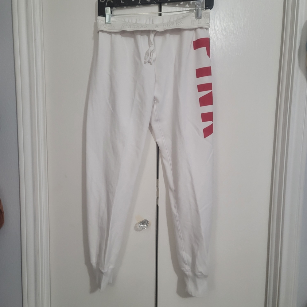 White Jogger Sweatpants with Side Pink Graphic